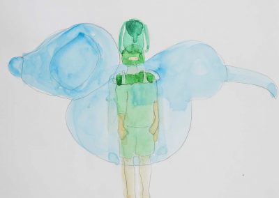 Yuka Oyama, Sketch for SurvivaBall Home Suits—Green (2020), water colour on paper, 21 x 29,7 cm. Photograph: Thomas Kierok